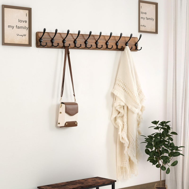 Dseap Coat Rack Wall - Heavy-Duty 38-1/4" Long, with Reinforced 10 Custom Tri-Hooks, Solid Wood Wall Hanger for Coats Hat Jackets - Rustic Farmhouse Entryway Storage, Natural & Black, Pack of 2 - Image 5